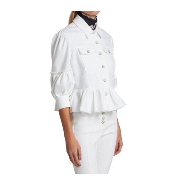 CINQ A SEPT Lizzie Puff Sleeve Peplum Denim Jacket in White Size 2 - Picture 9 of 13